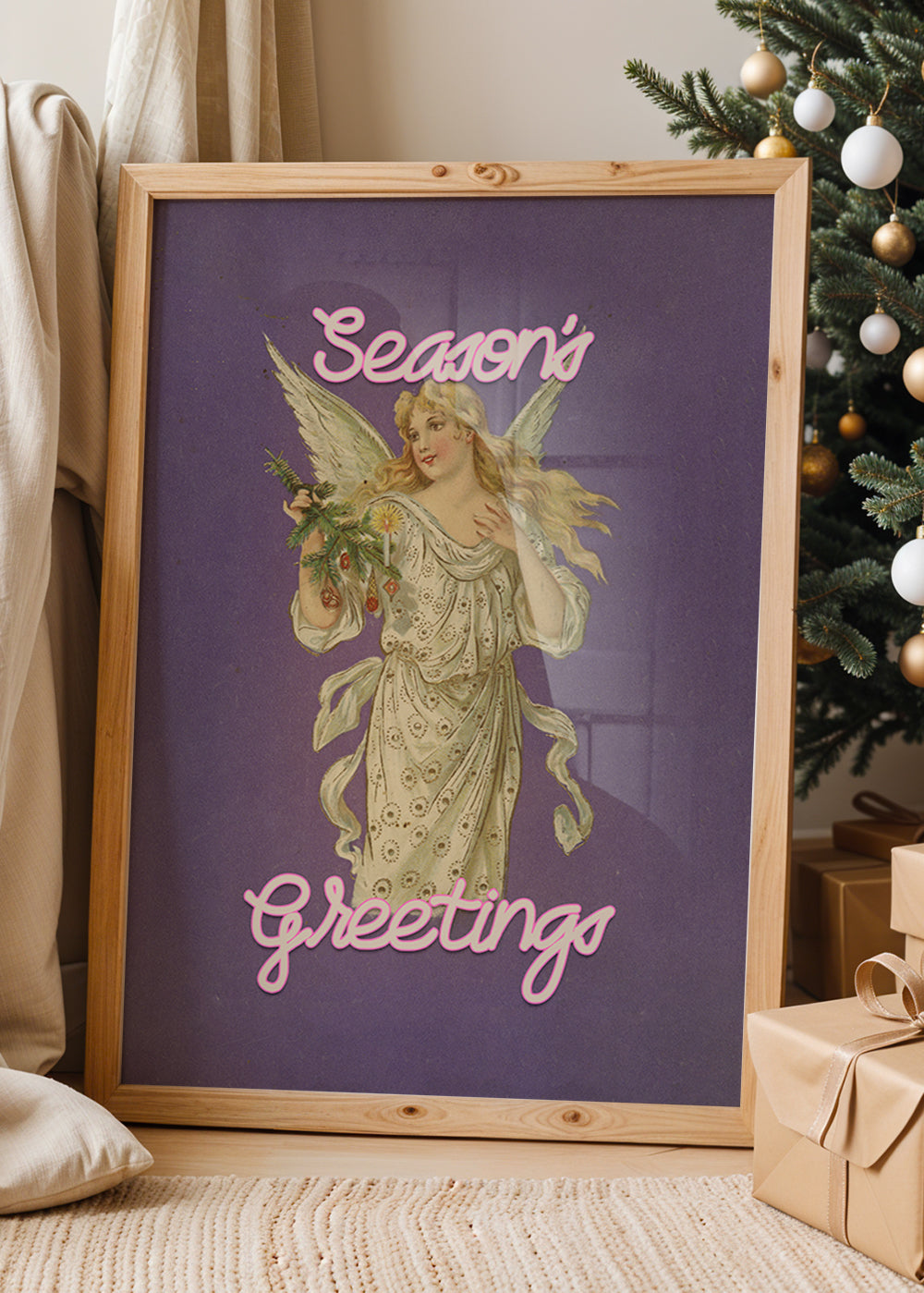 Season's Greetings Vintage Angel Christmas Poster Print