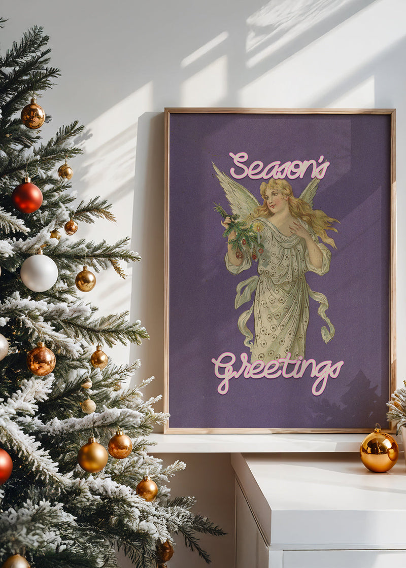 Season's Greetings Vintage Angel Christmas Poster Print
