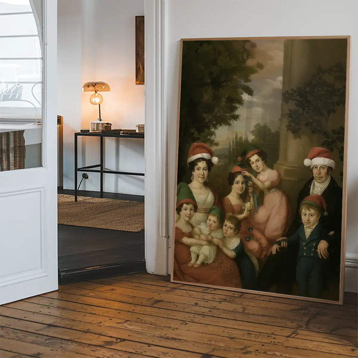 Old Painting of a Family in Christmas Hats Print