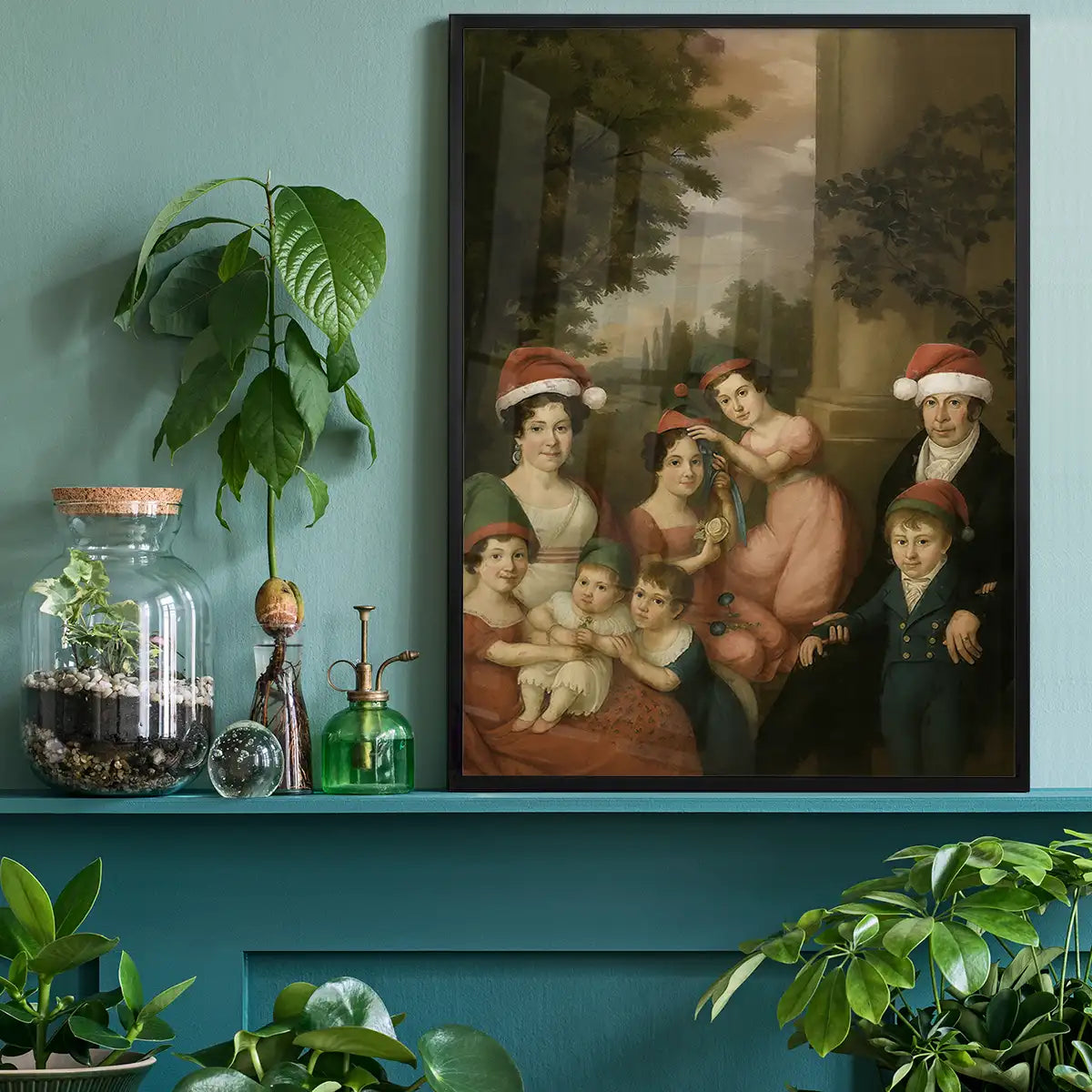 Old Painting of a Family in Christmas Hats Print