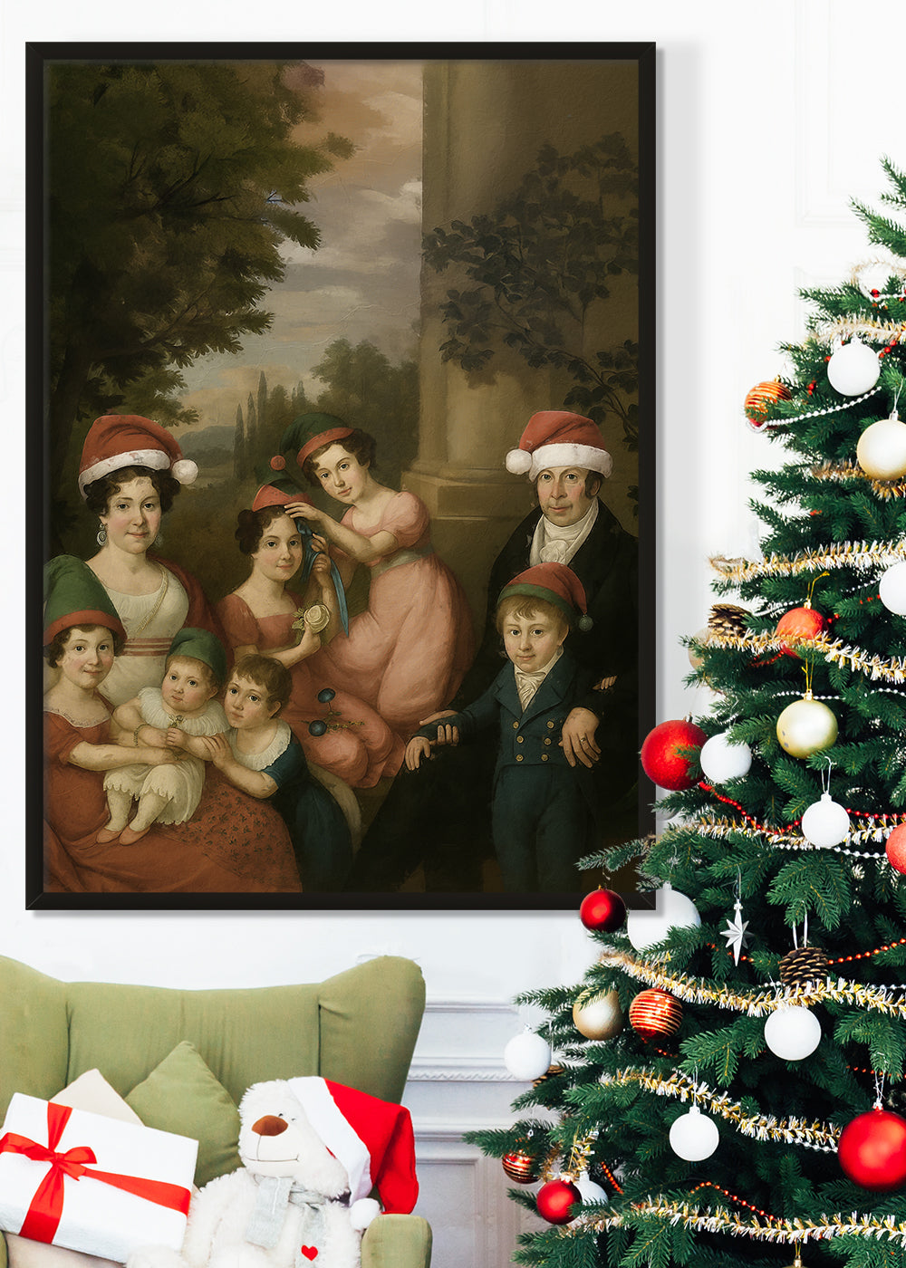 Old Painting of a Family in Christmas Hats Print