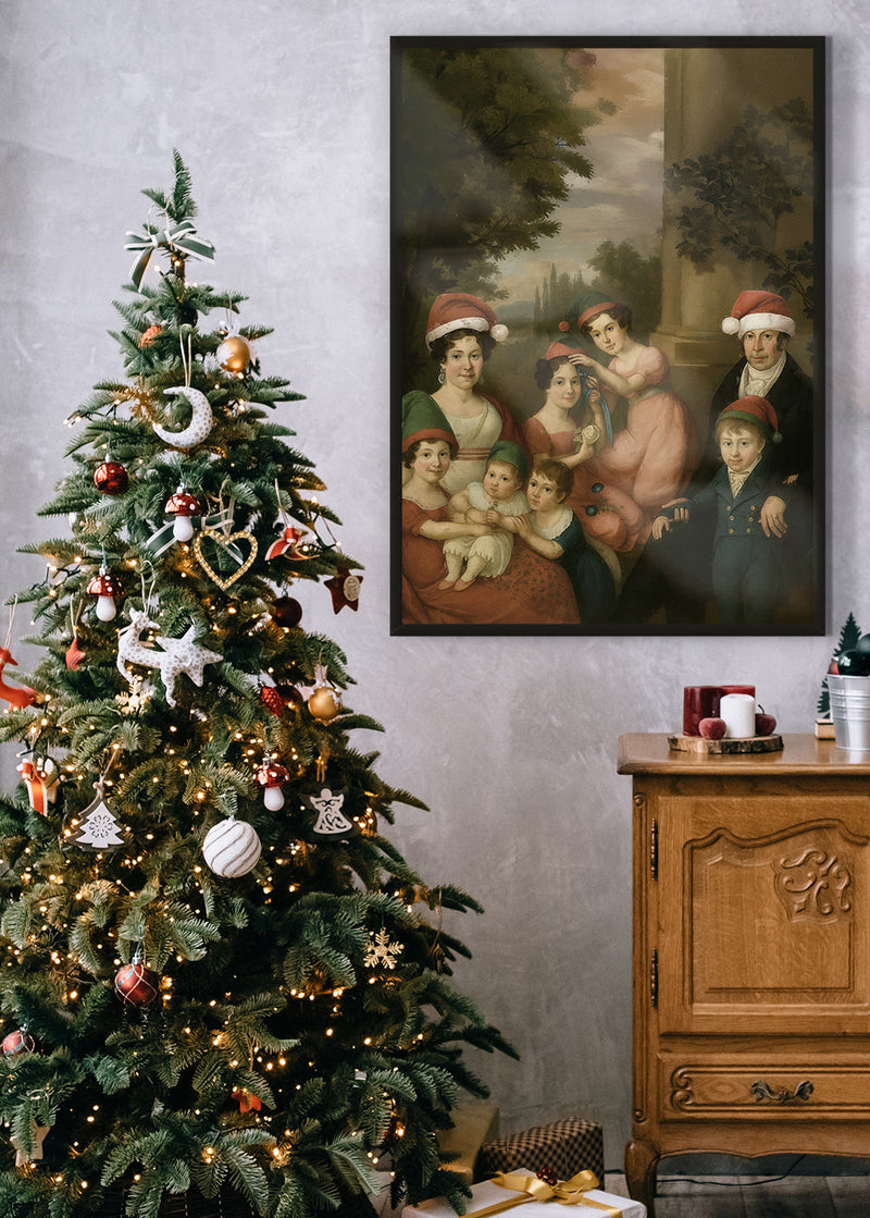 Old Painting of a Family in Christmas Hats Print