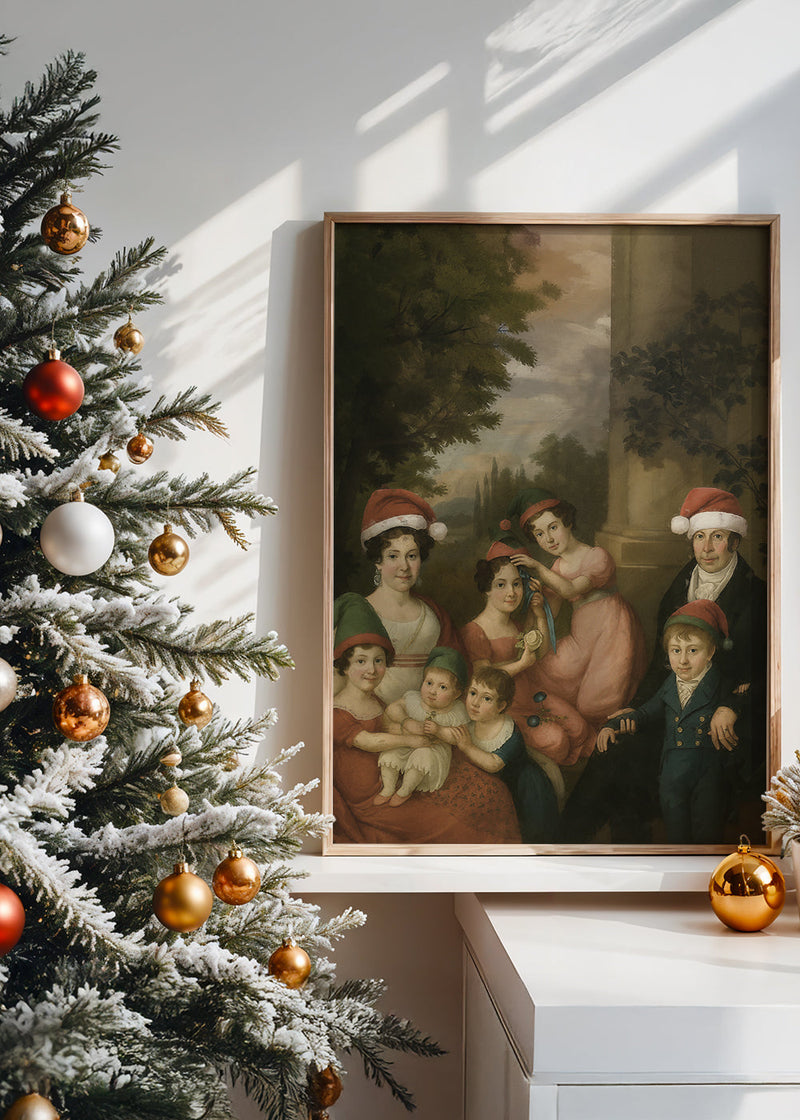 Old Painting of a Family in Christmas Hats Print
