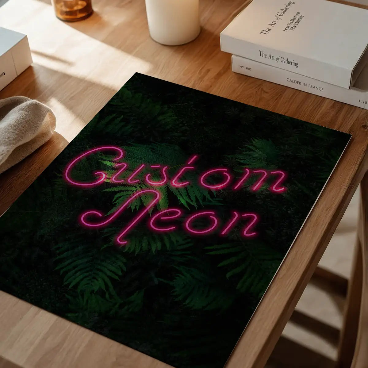 Custom Script Neon Sign Leaves Print