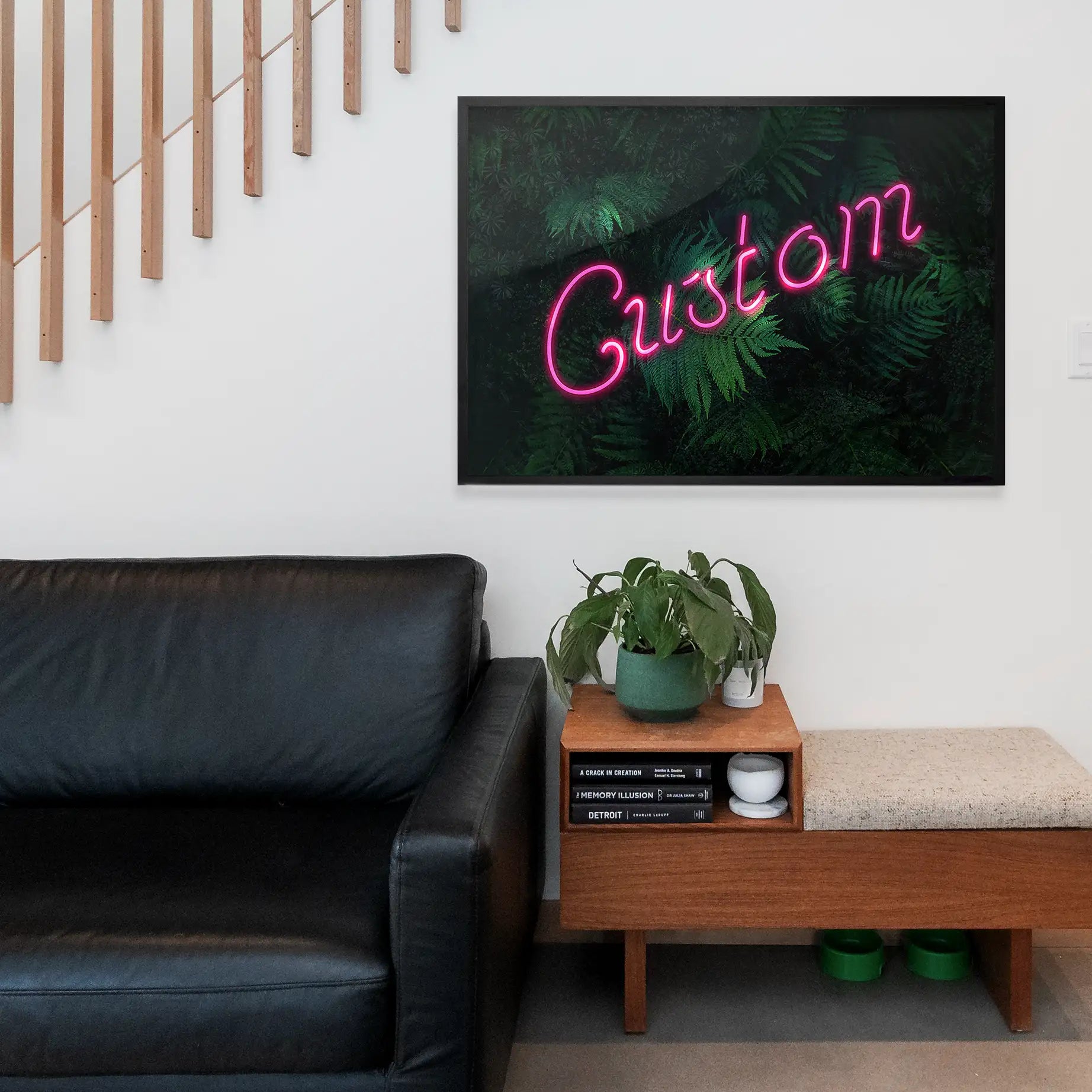 Custom Script Neon Sign Leaves Landscape Print