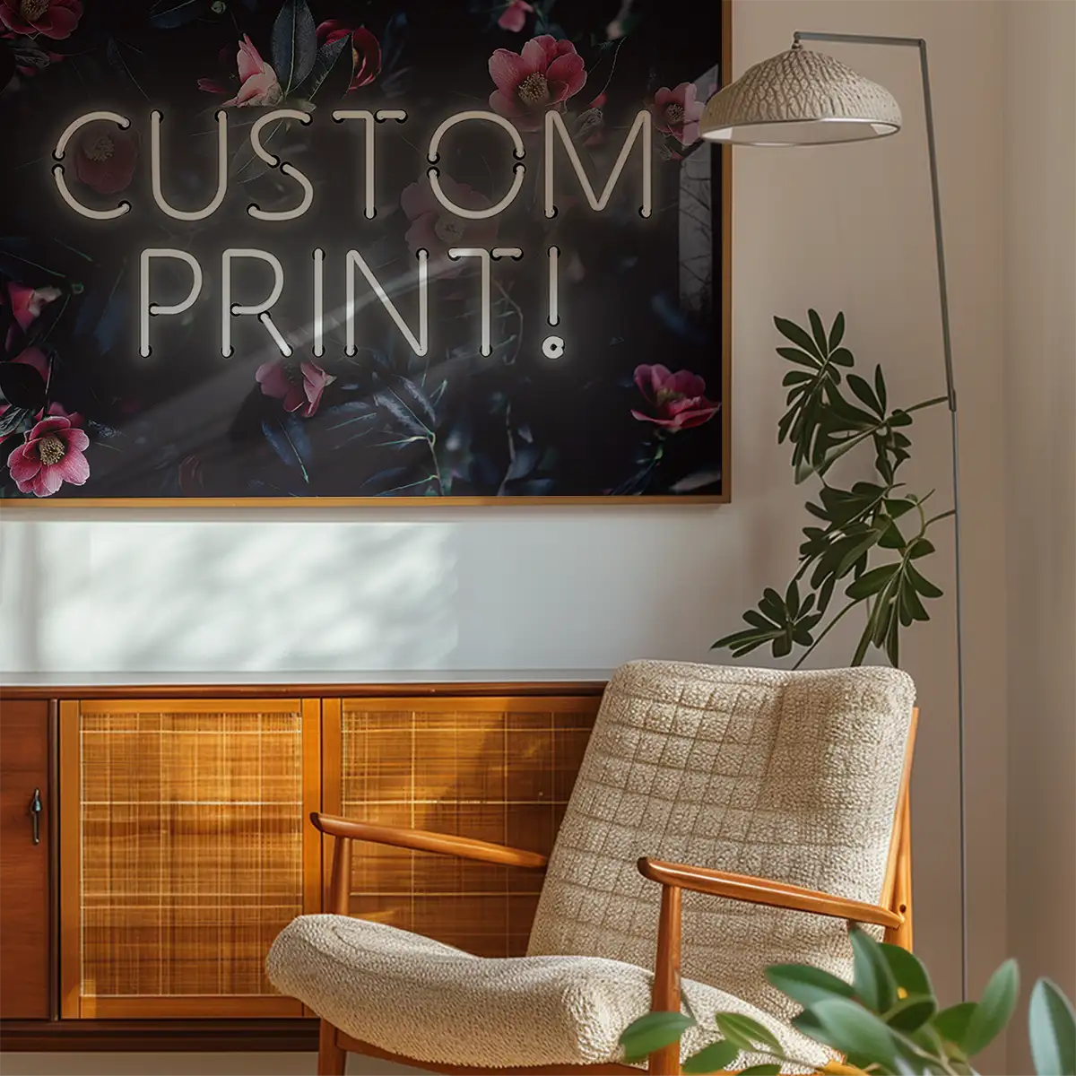 Custom White Neon Sign Floral Background Print