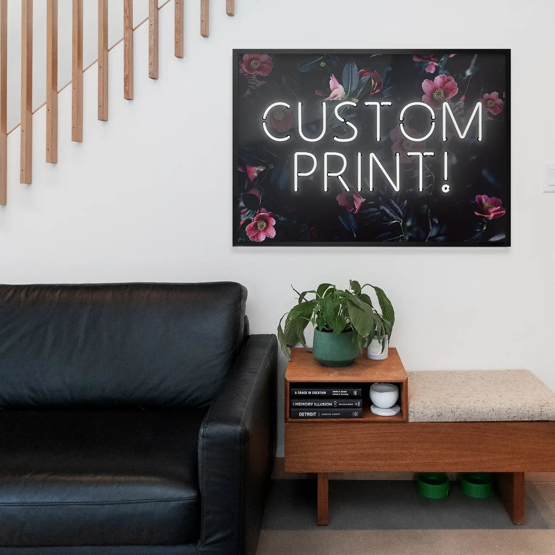 Custom White Neon Sign Floral Background Print