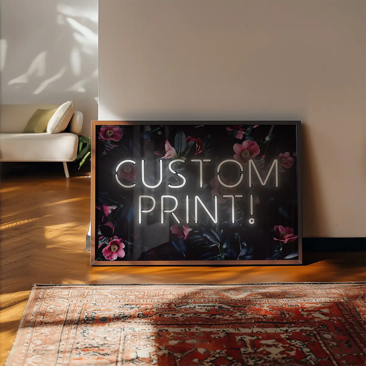 Custom White Neon Sign Floral Background Print