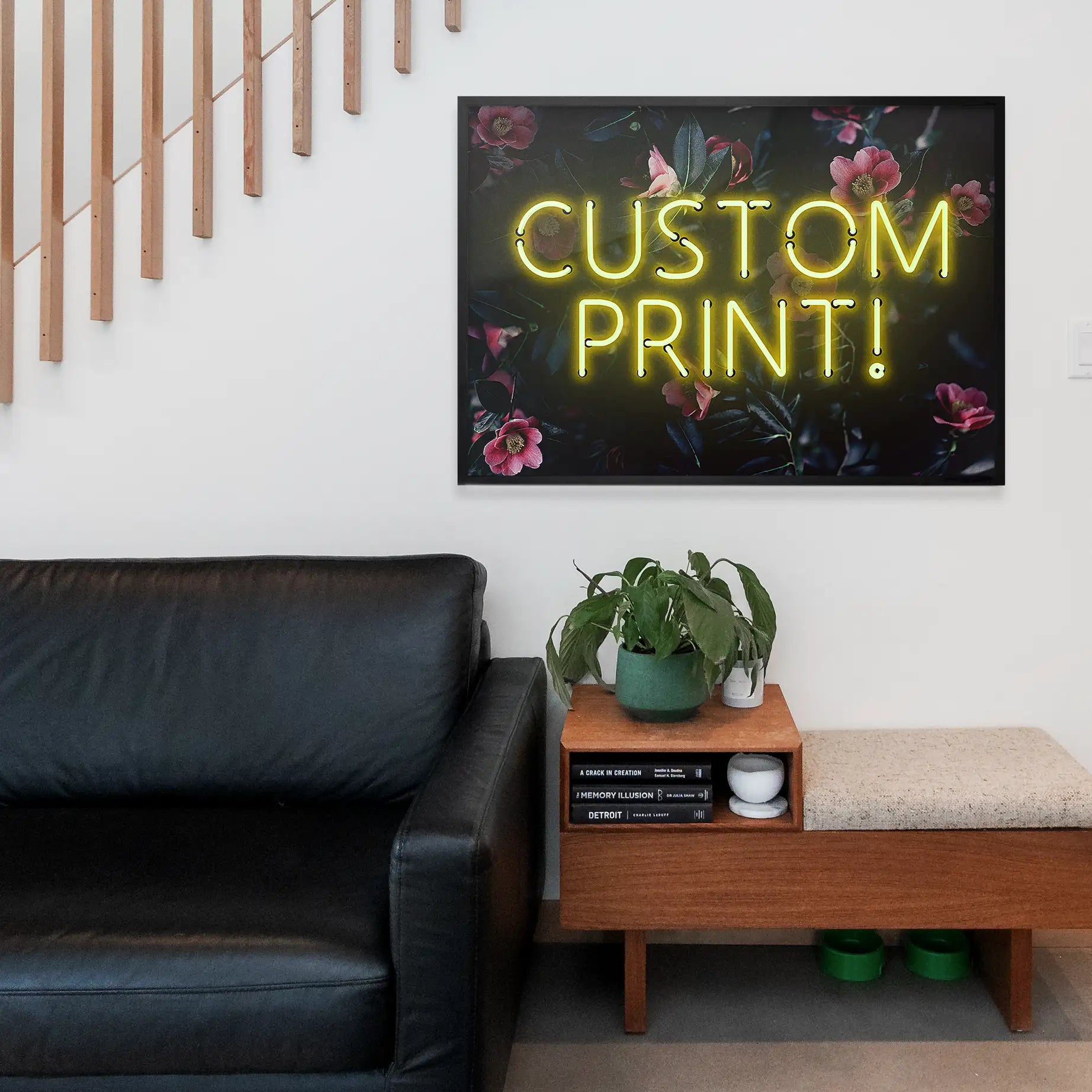 Custom Yellow Neon Sign Floral Background Print