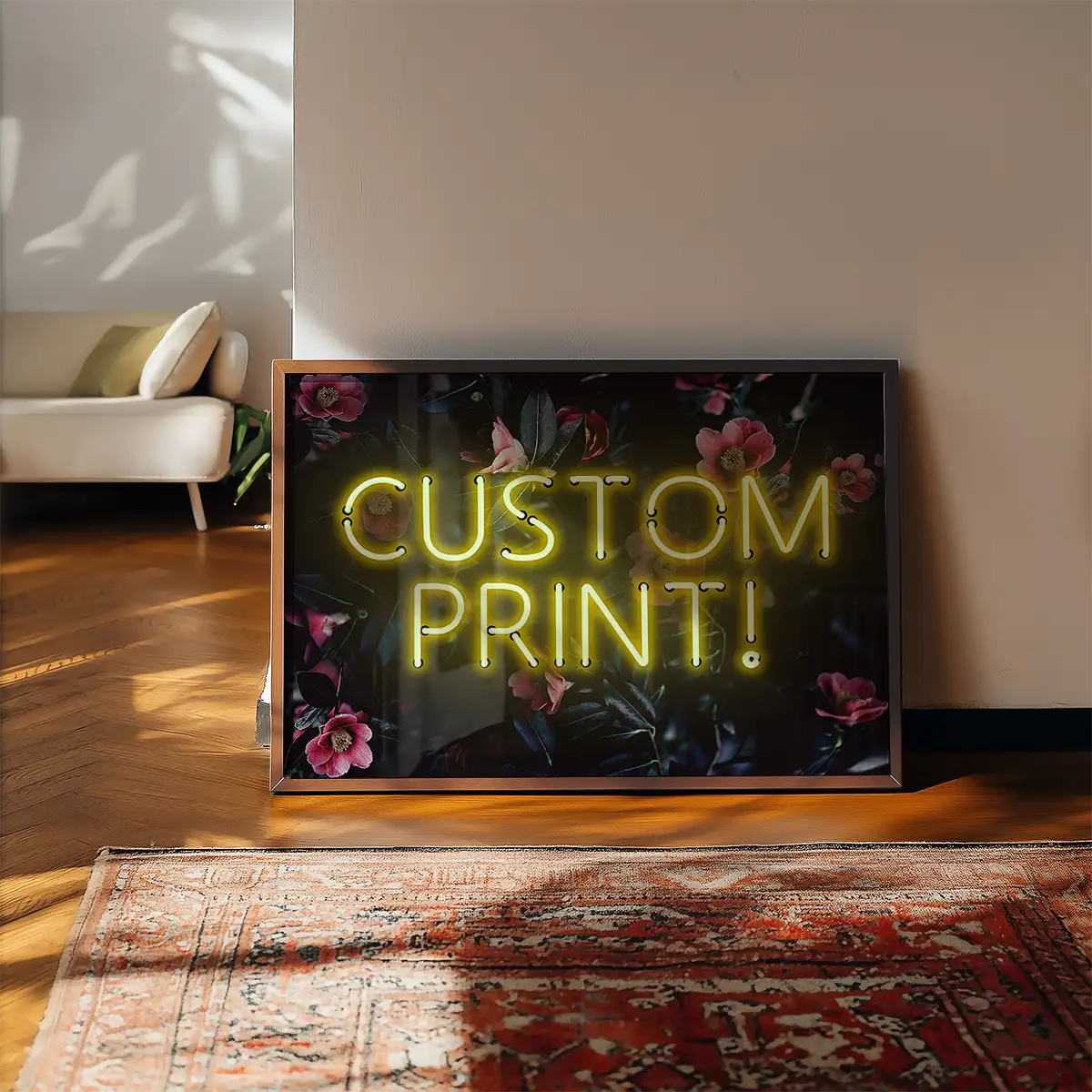 Custom Yellow Neon Sign Floral Background Print