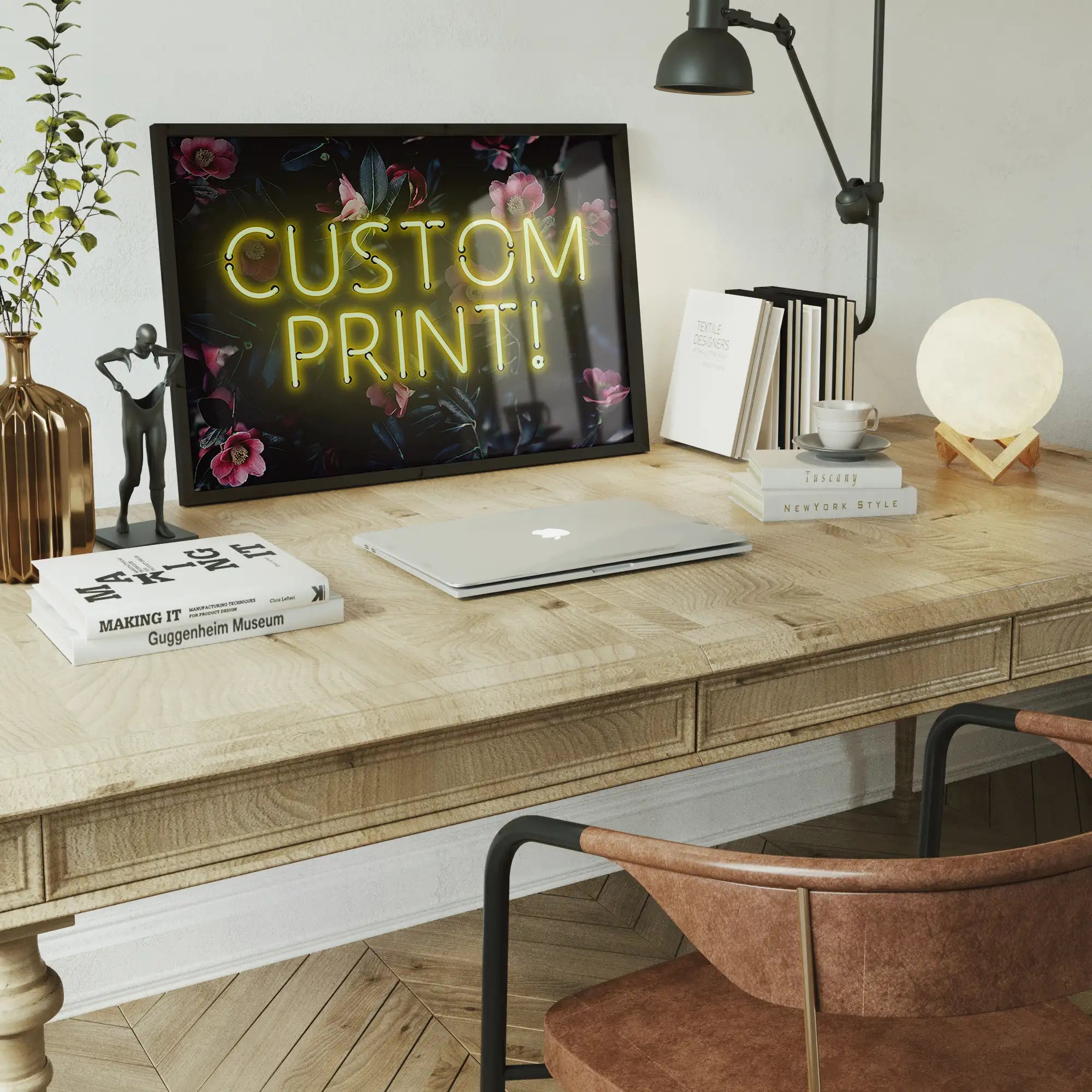 Custom Yellow Neon Sign Floral Background Print