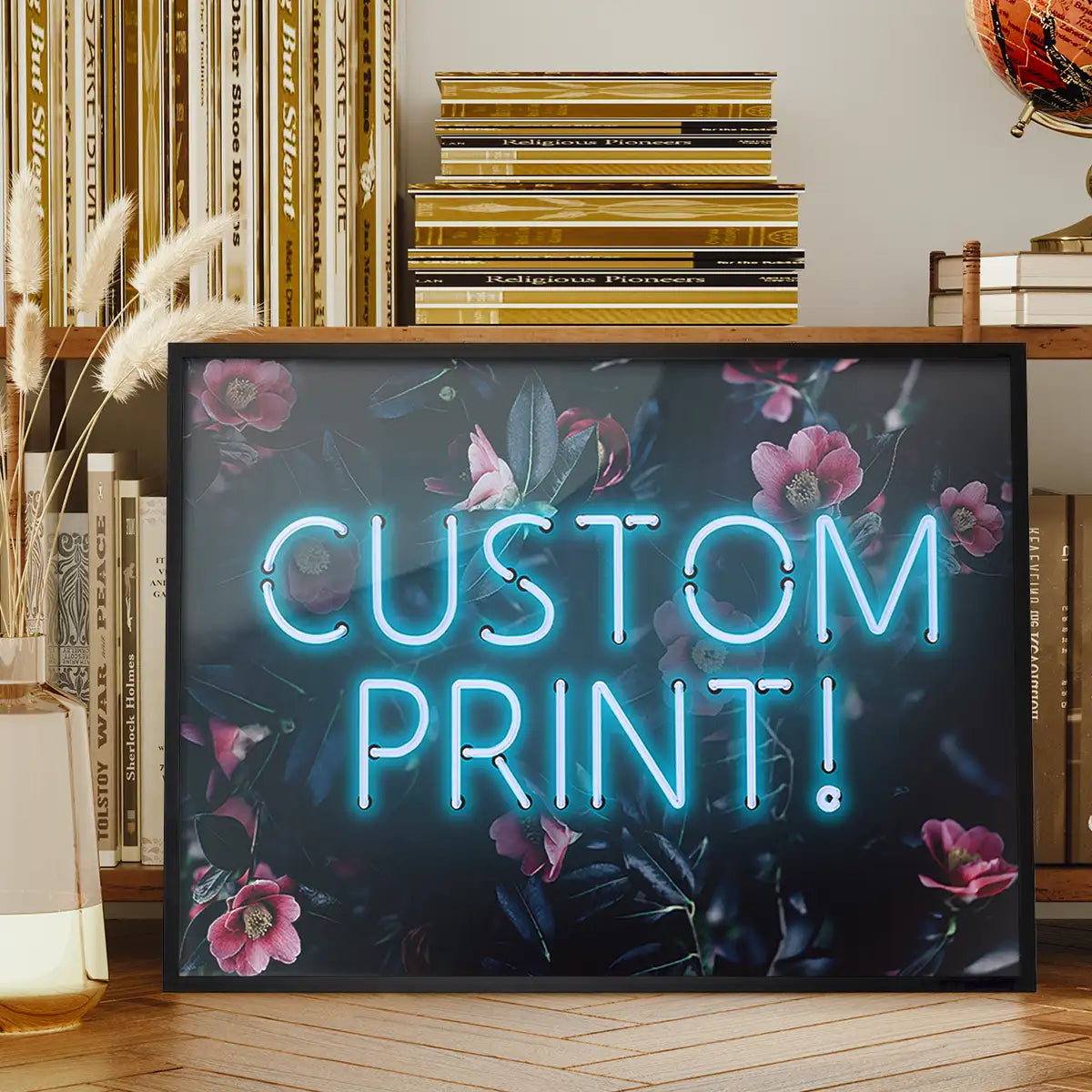 Custom Blue Neon Sign Floral Background Print