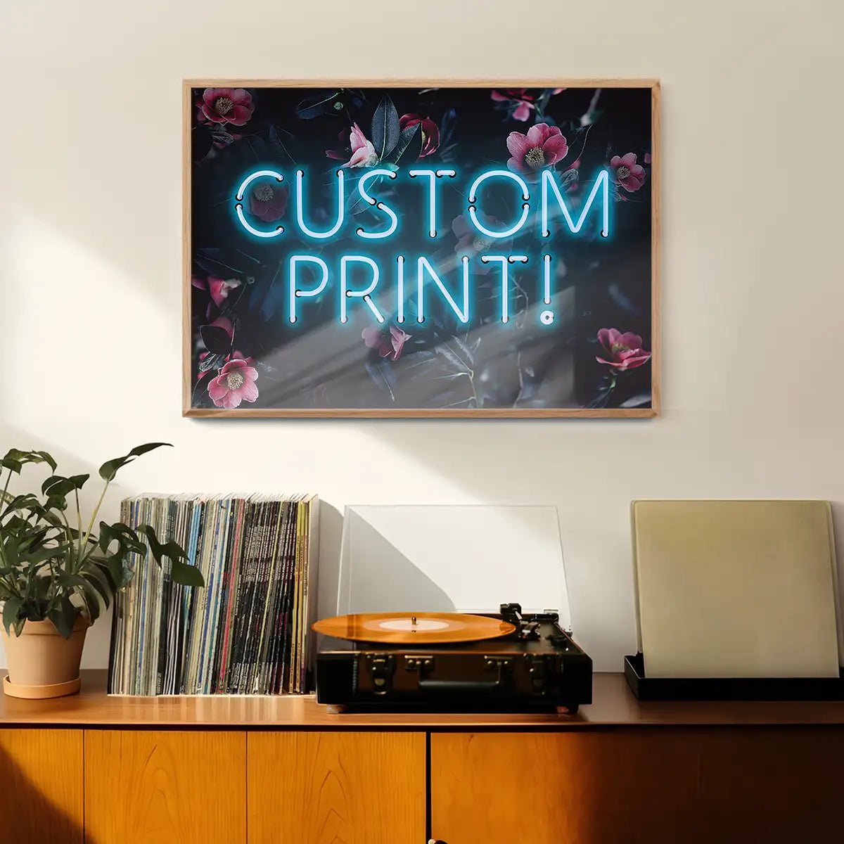 Custom Blue Neon Sign Floral Background Print