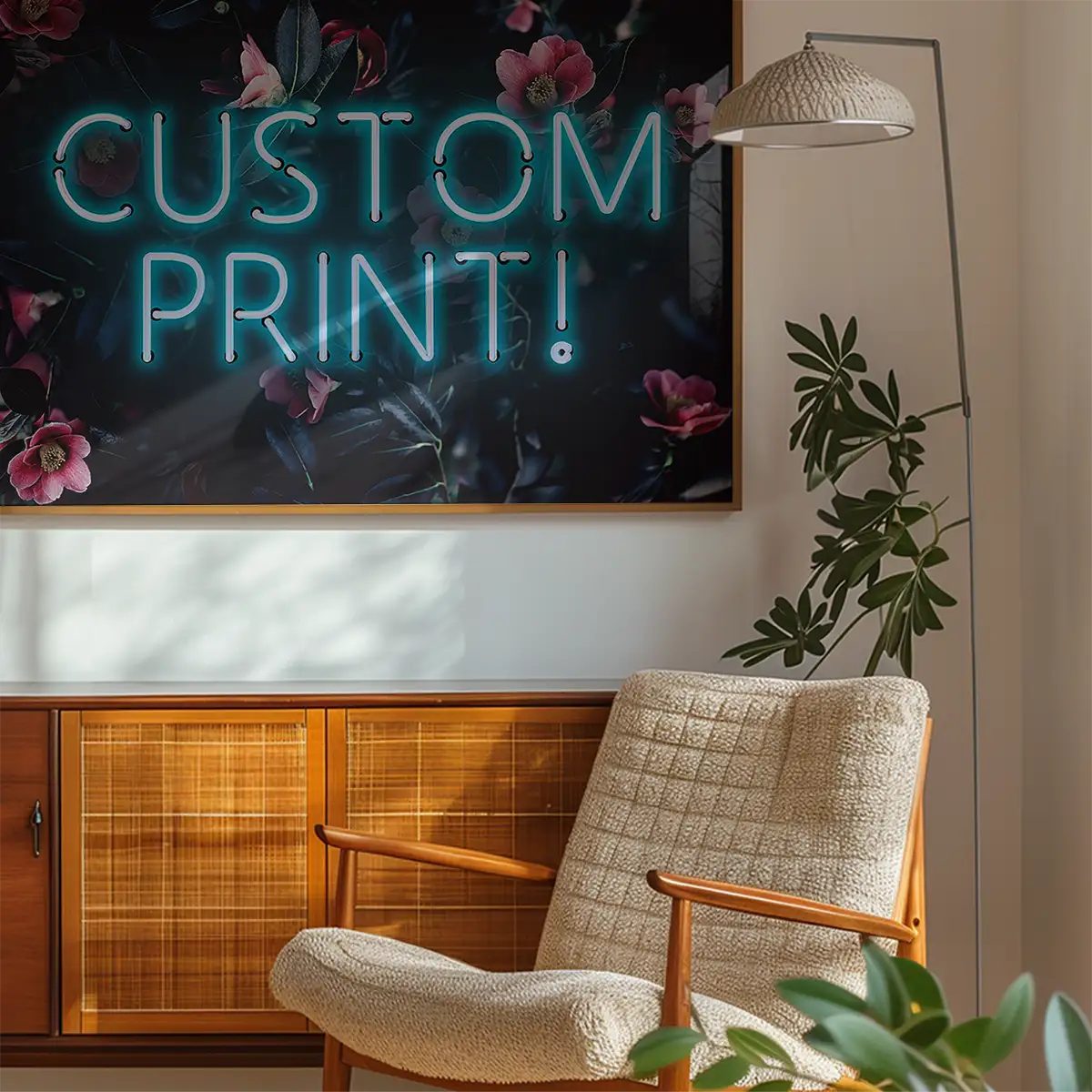 Custom Blue Neon Sign Floral Background Print
