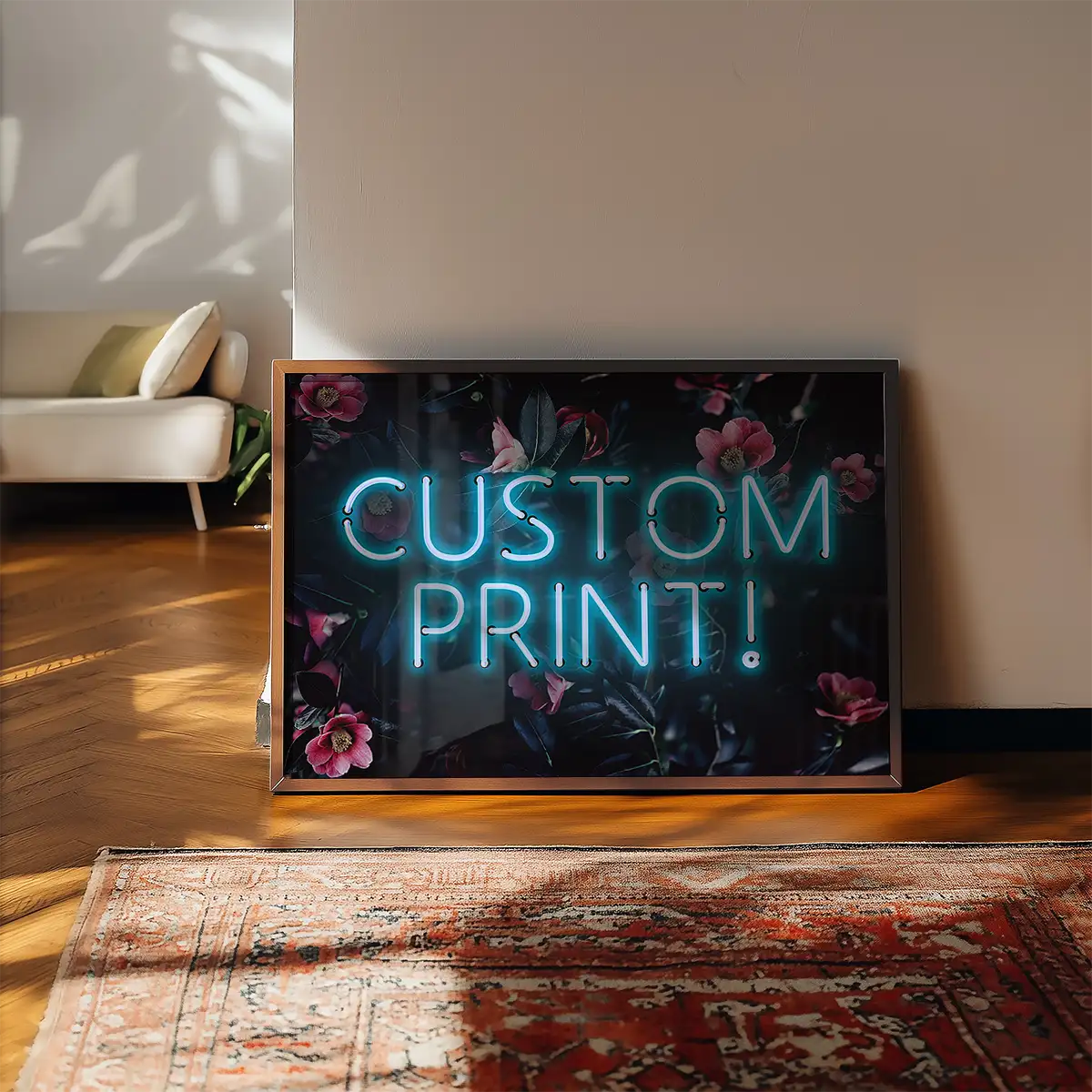 Custom Blue Neon Sign Floral Background Print