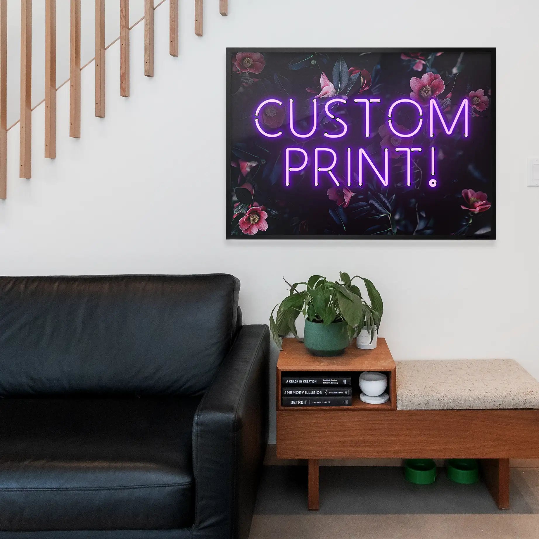 Custom Purple Neon Sign Floral Background Print