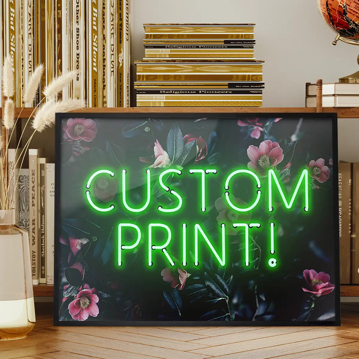 Custom Green Neon Sign Floral Background Print