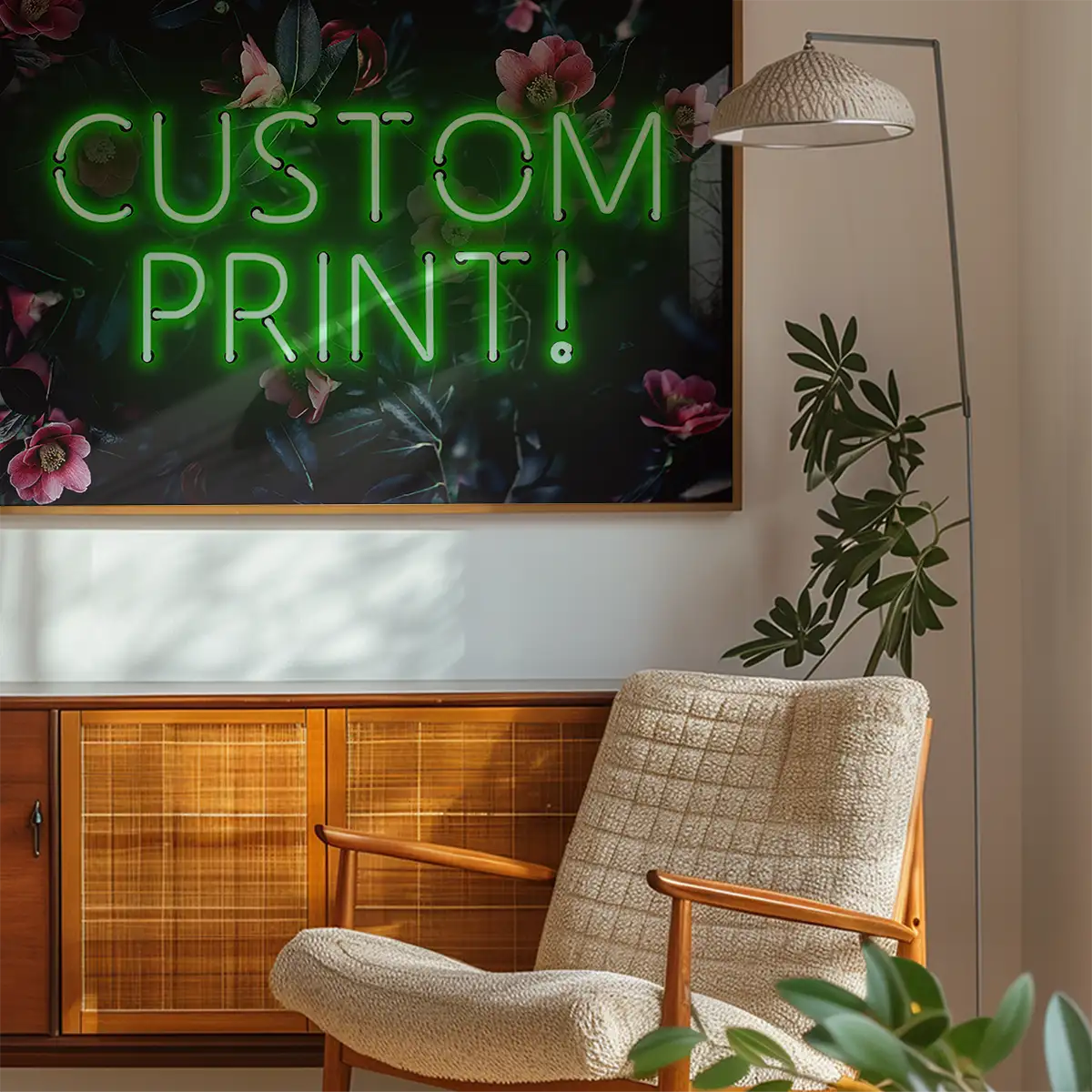 Custom Green Neon Sign Floral Background Print