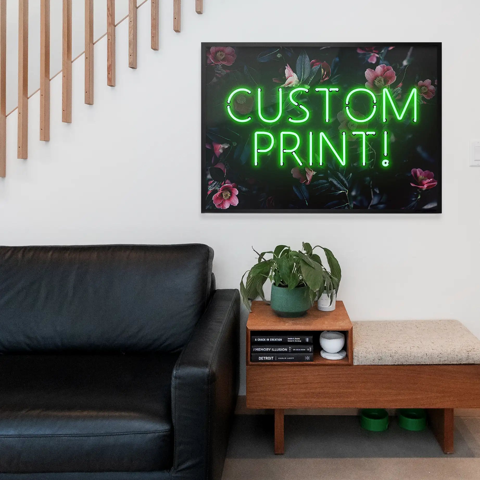 Custom Green Neon Sign Floral Background Print
