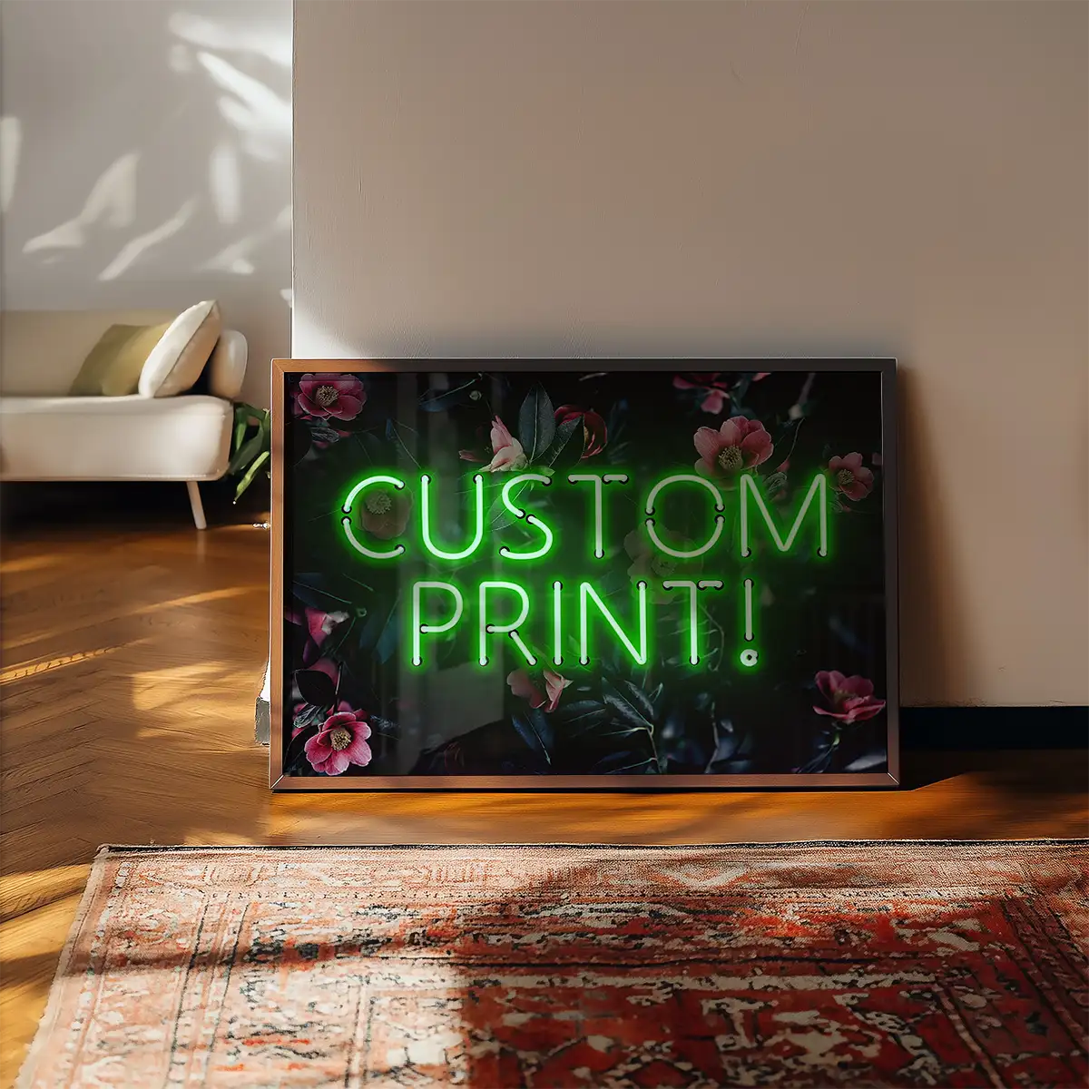 Custom Green Neon Sign Floral Background Print