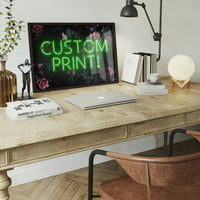 Custom Green Neon Sign Floral Background Print