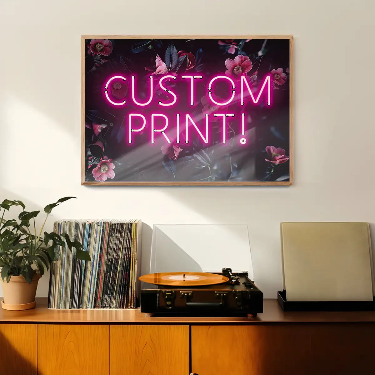 Custom Pink Neon Sign Floral Background Print