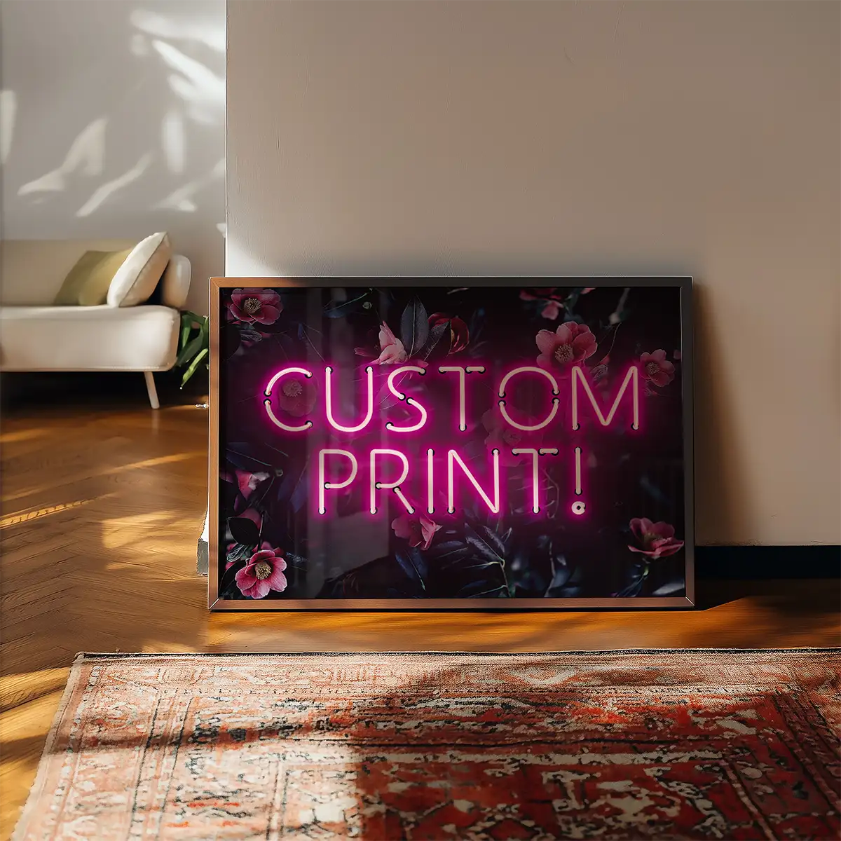 Custom Pink Neon Sign Floral Background Print