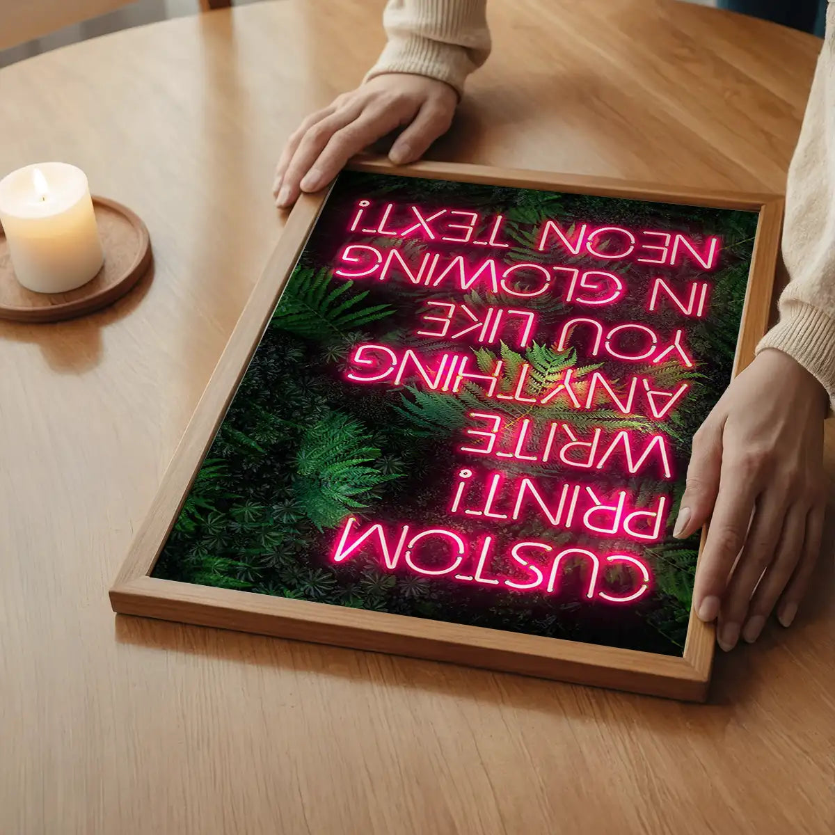 Custom Pink Neon Sign Leaves Background