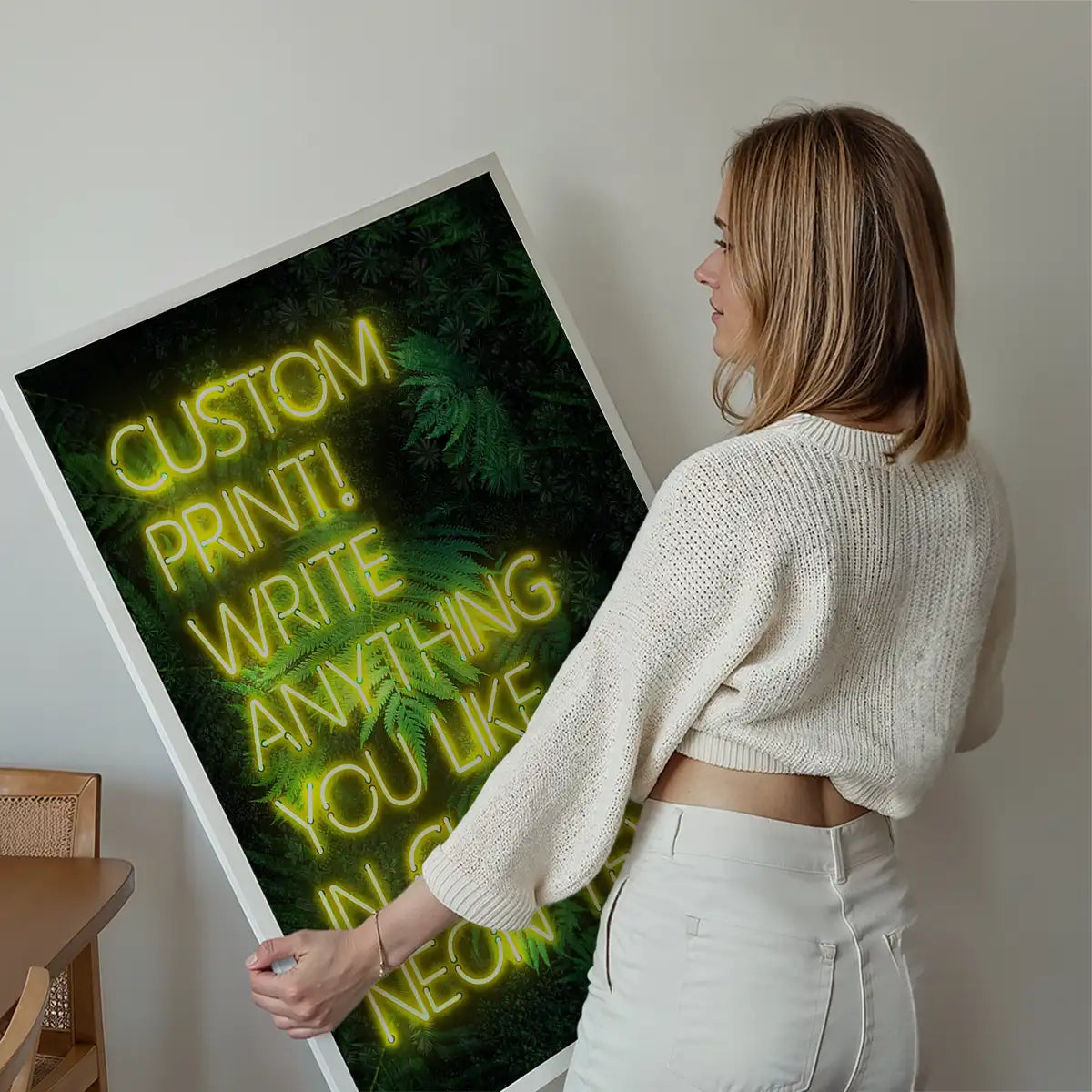Custom Yellow Neon Sign Leaves Background