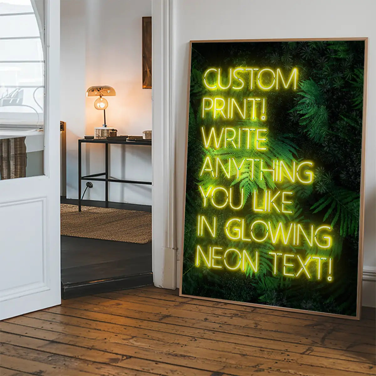 Custom Yellow Neon Sign Leaves Background