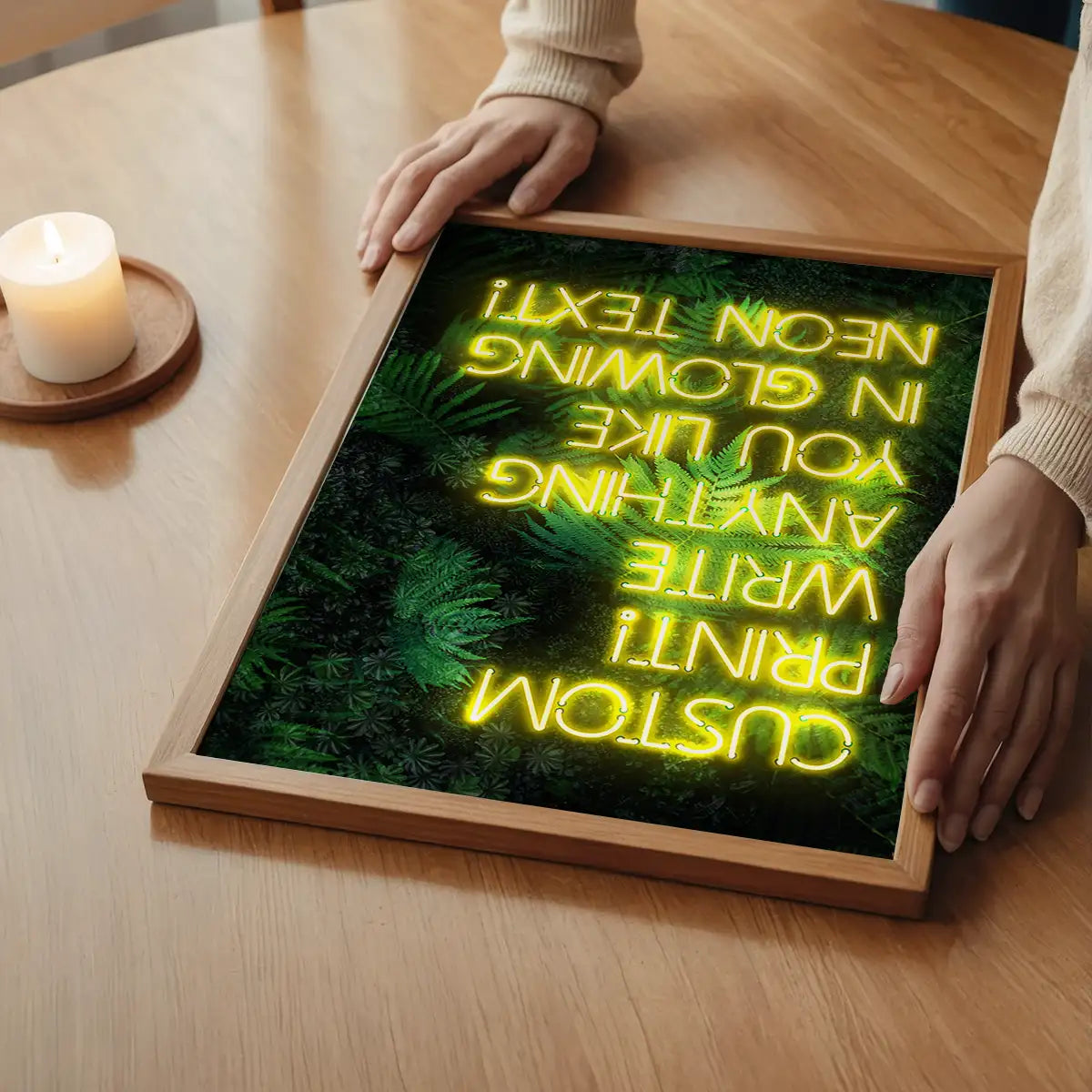 Custom Yellow Neon Sign Leaves Background