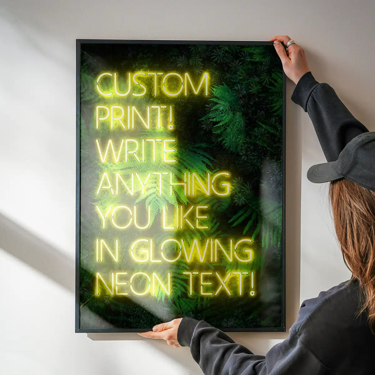Custom Yellow Neon Sign Leaves Background