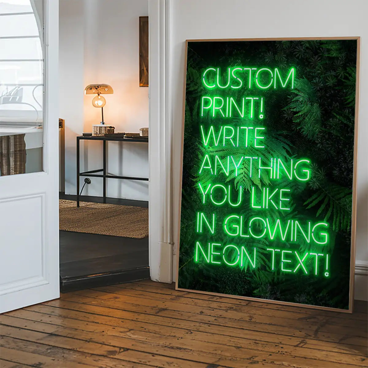 Custom Green Neon Sign Leaves Background