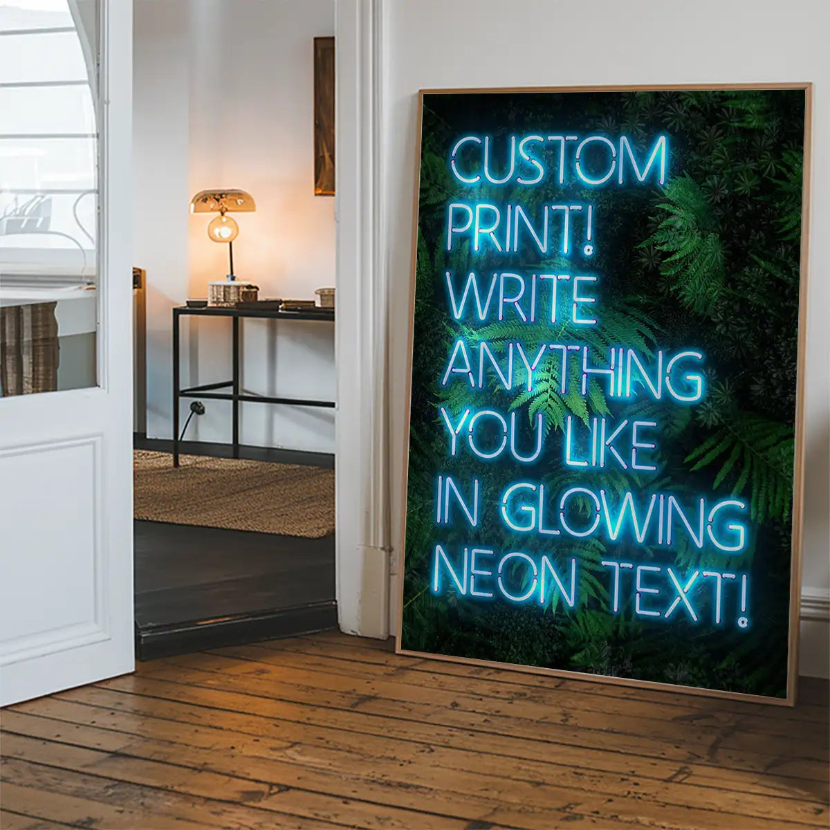 Custom Blue Neon Sign Leaves Background