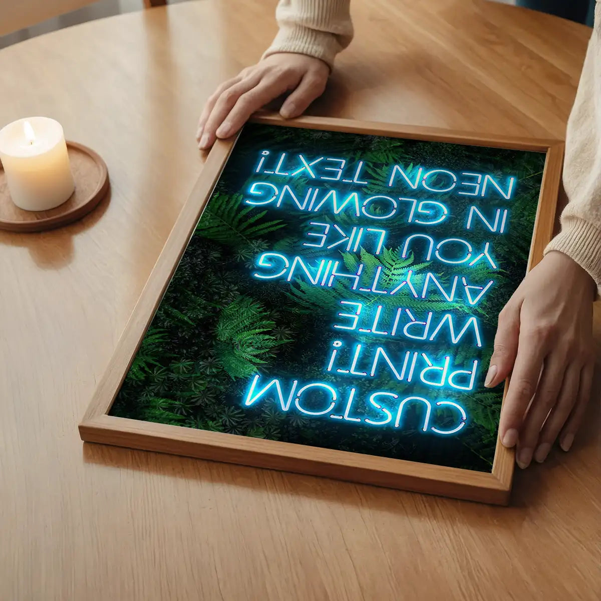 Custom Blue Neon Sign Leaves Background