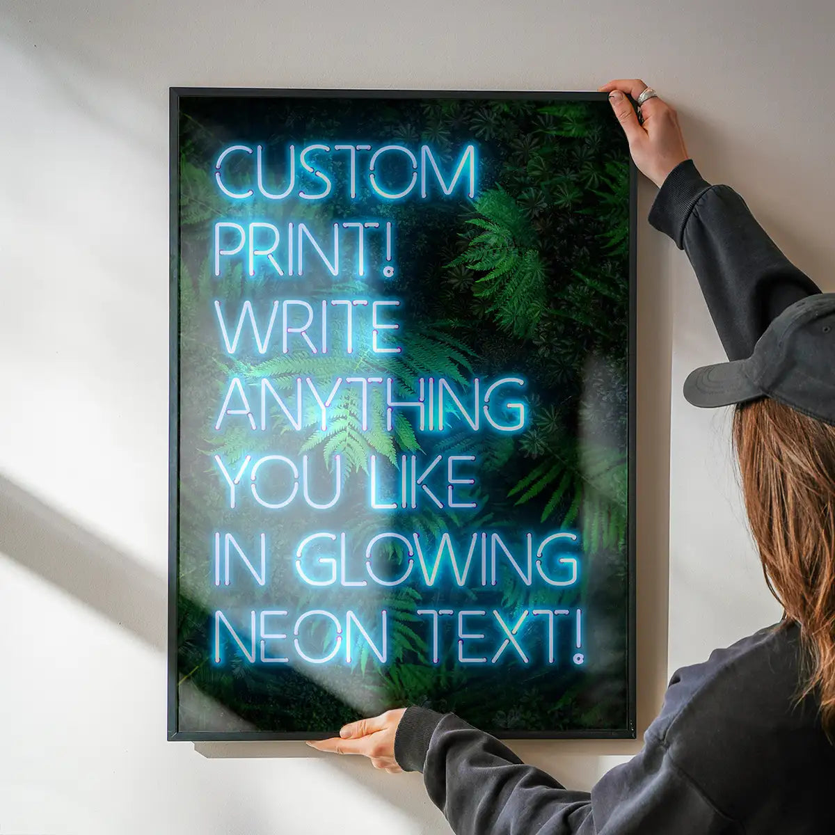 Custom Blue Neon Sign Leaves Background