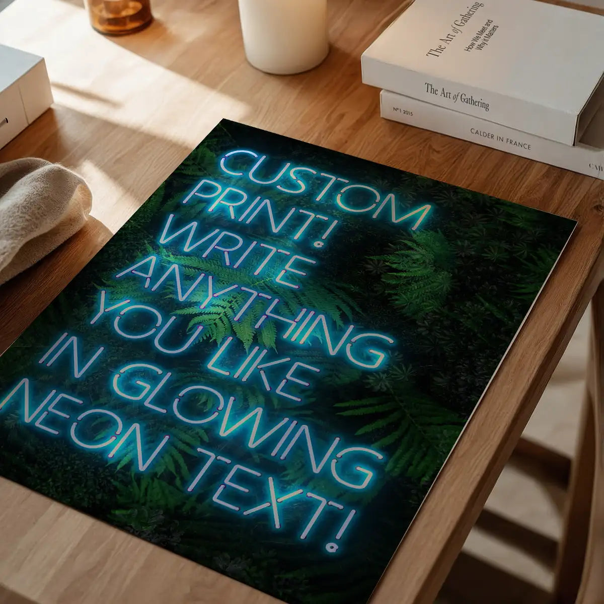 Custom Blue Neon Sign Leaves Background