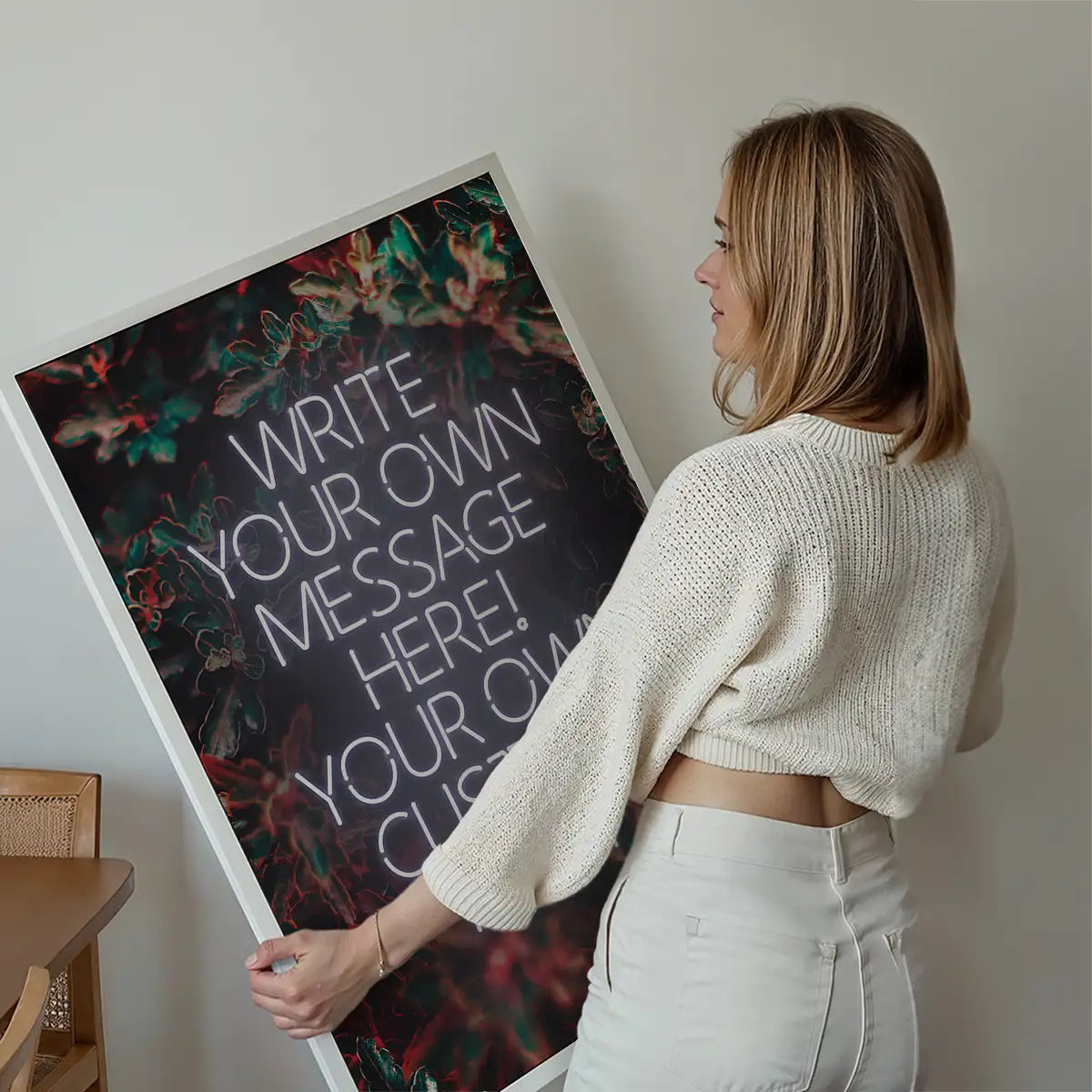 White Neon Centered Leaves Print