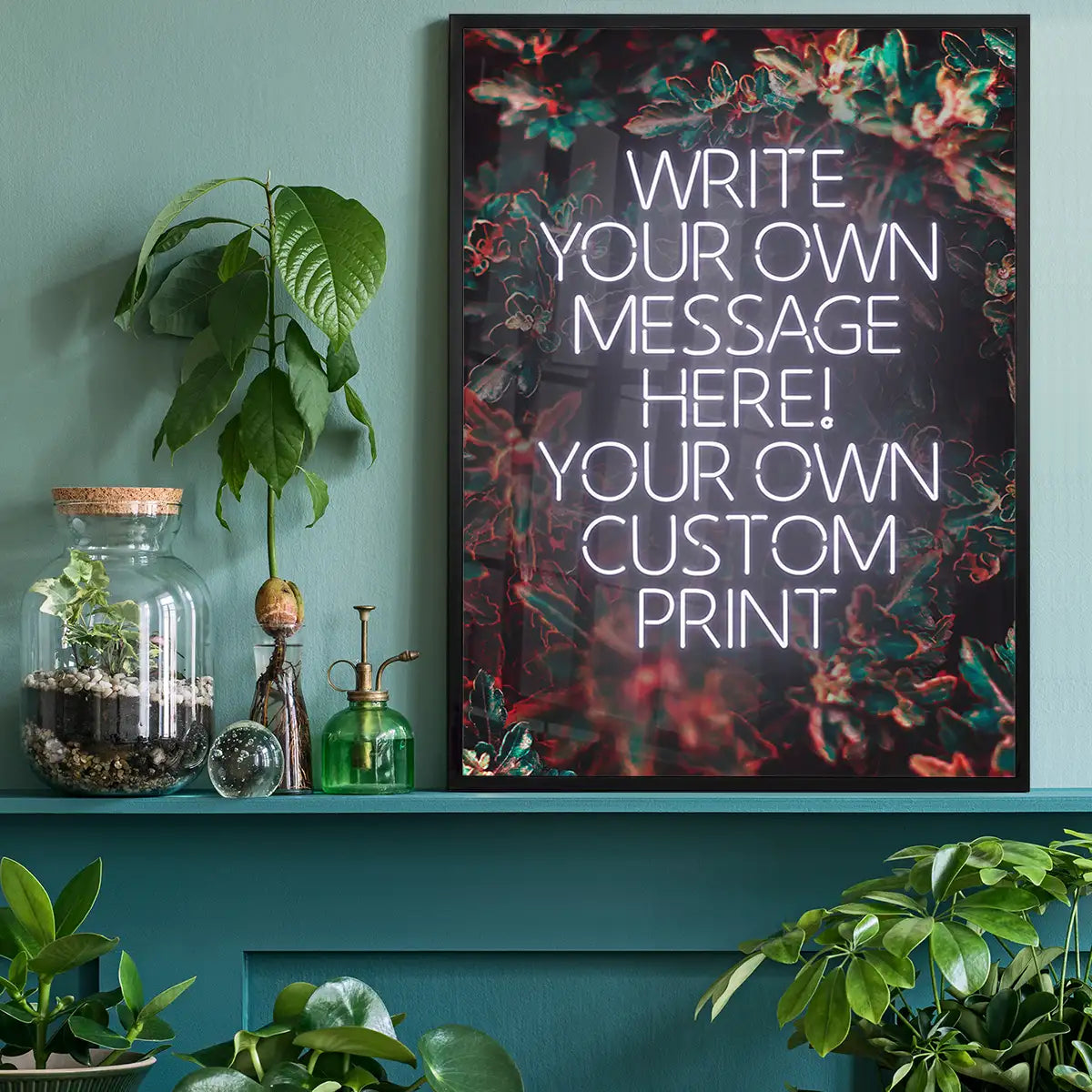 White Neon Centered Leaves Print