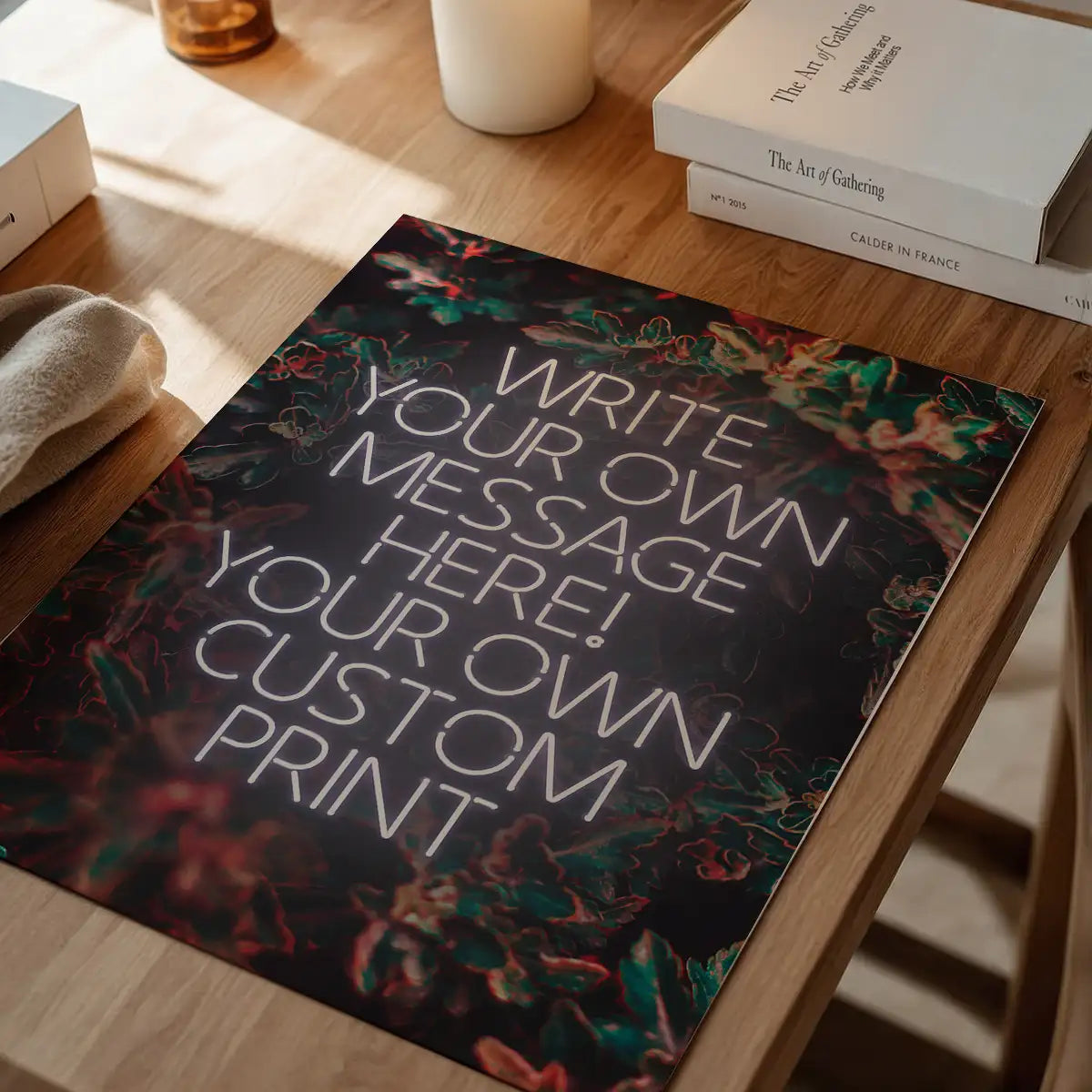 White Neon Centered Leaves Print