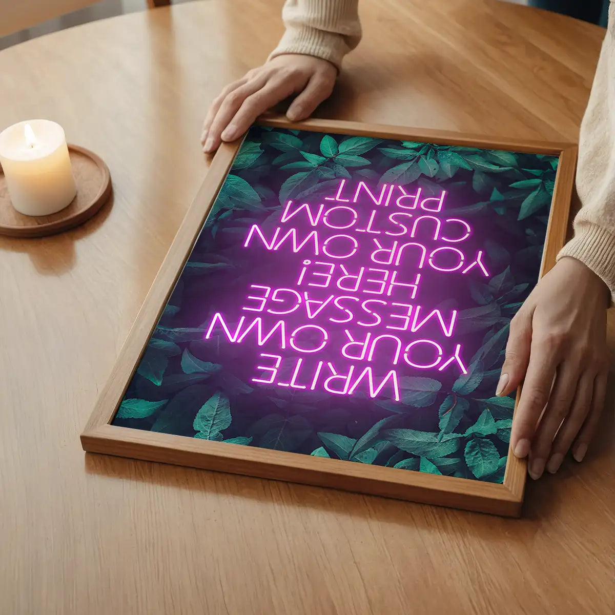 Pink Neon Centered Leaves Print