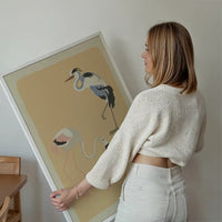 Flamingo Heron and Small Birds Illustration Print by Elena Pavlovna Gertik