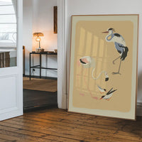 Flamingo Heron and Small Birds Illustration Print by Elena Pavlovna Gertik