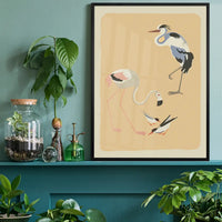 Flamingo Heron and Small Birds Illustration Print by Elena Pavlovna Gertik