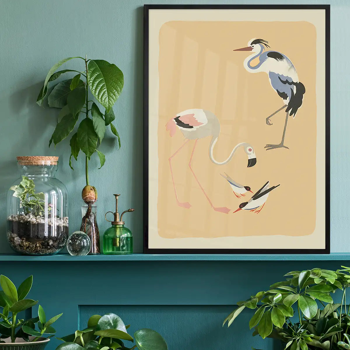 Flamingo Heron and Small Birds Illustration Print by Elena Pavlovna Gertik