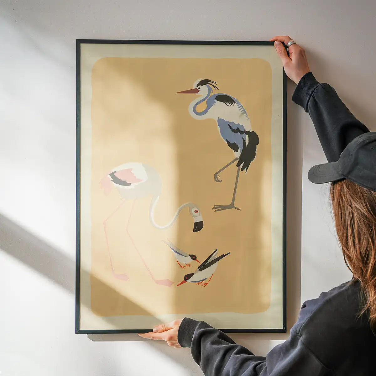 Flamingo Heron and Small Birds Illustration Print by Elena Pavlovna Gertik