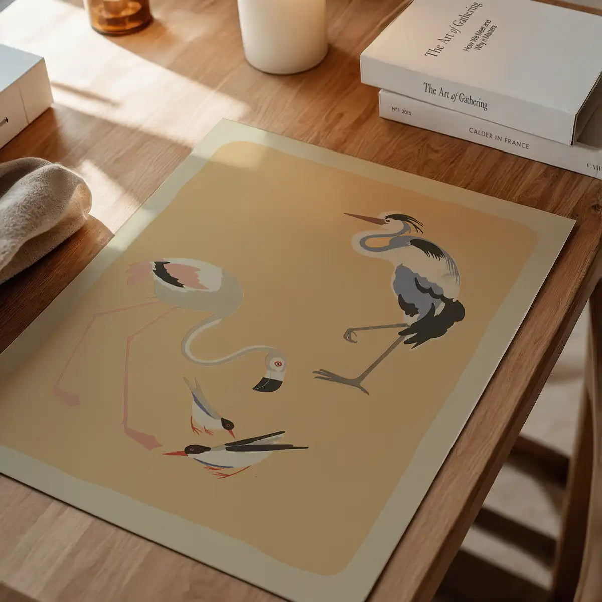 Flamingo Heron and Small Birds Illustration Print by Elena Pavlovna Gertik