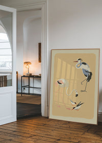 Flamingo Heron and Small Birds Illustration Print by Elena Pavlovna Gertik
