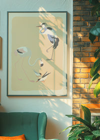 Flamingo Heron and Small Birds Illustration Print by Elena Pavlovna Gertik