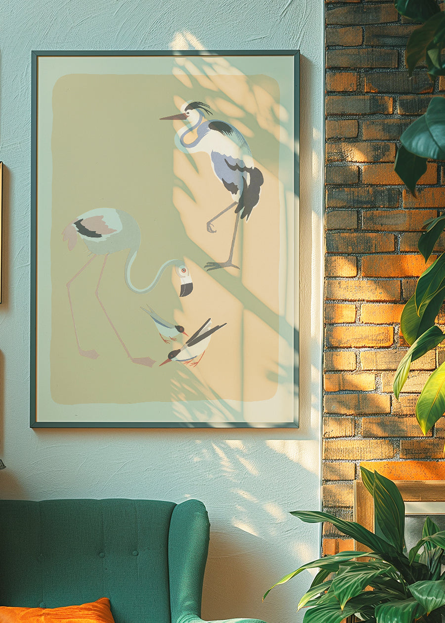 Flamingo Heron and Small Birds Illustration Print by Elena Pavlovna Gertik